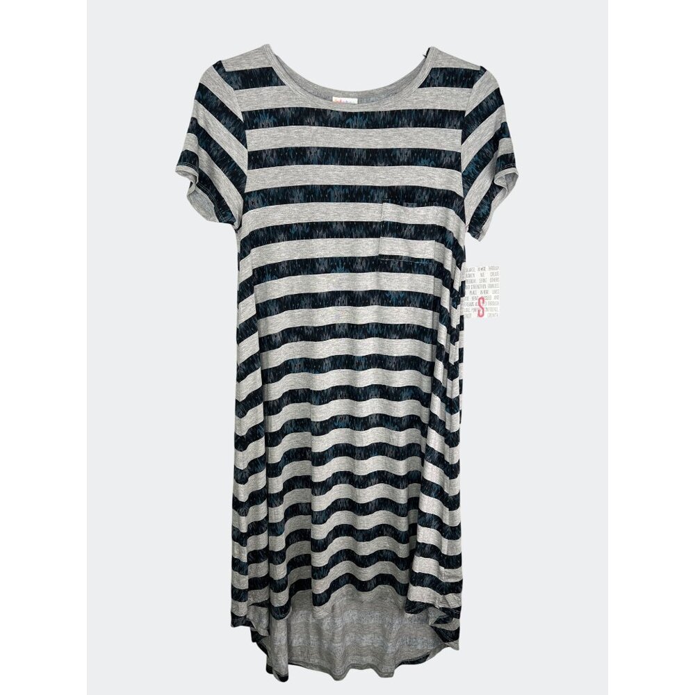 LuLaRoe Carly Striped Short Sleeve High-Low Dress Gray & Teal Comfortable Small